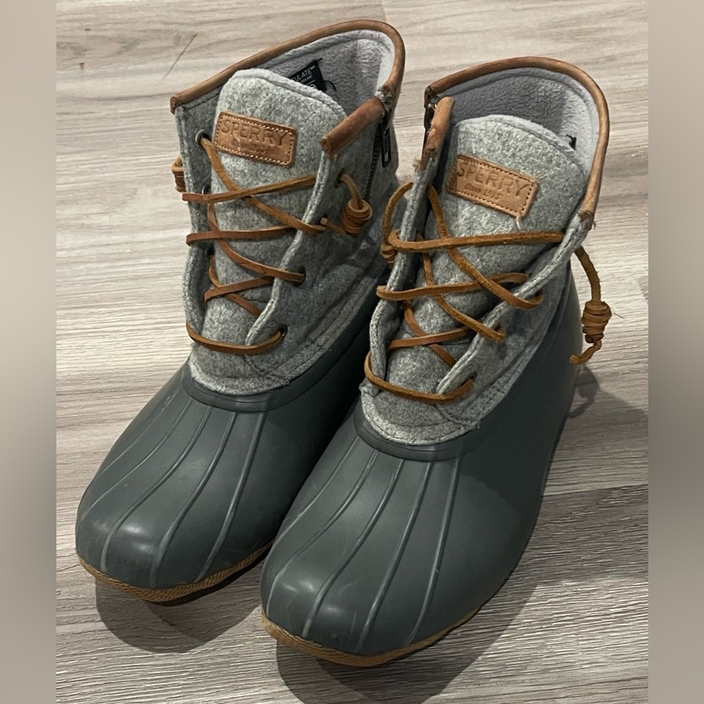 Sperry Saltwater Gray and Tan Duck Boots